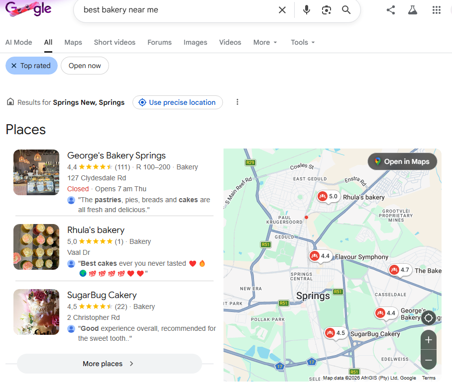 A Google search result for the term " best bakery near me."