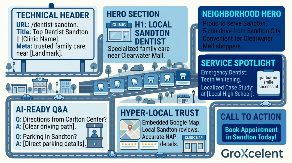 Create a service page for your neighborhood using this template for local SEO for dentists.